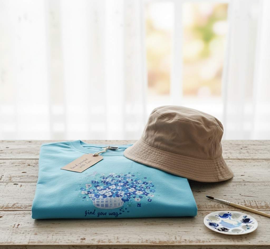 Painted t-shirt - Blue flowers